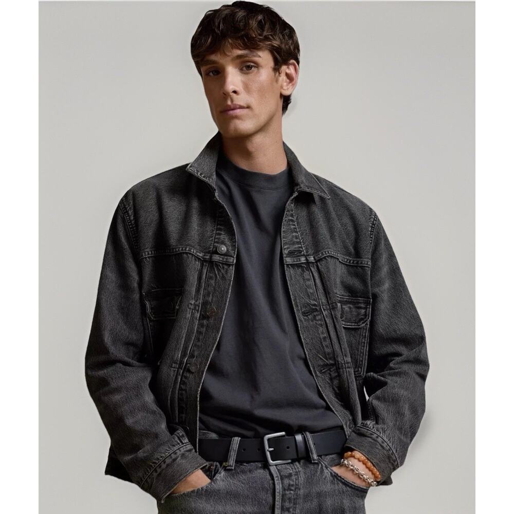 AE77 American Eagle Premium Slim Fit Denim Trucker Jacket Grey Men's Size Large